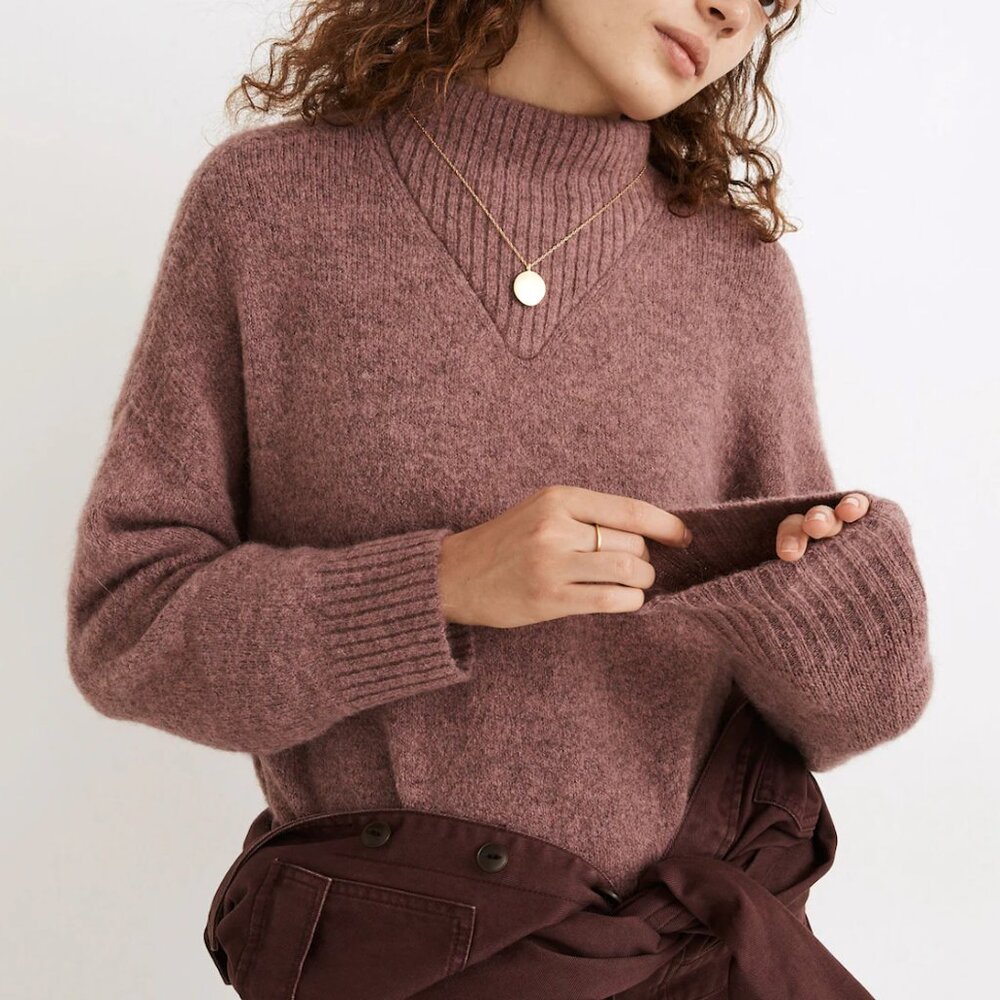 MADEWELL Dillon Mockneck Pullover Sweater Mauve Pink Heathered Oversized Cropped
